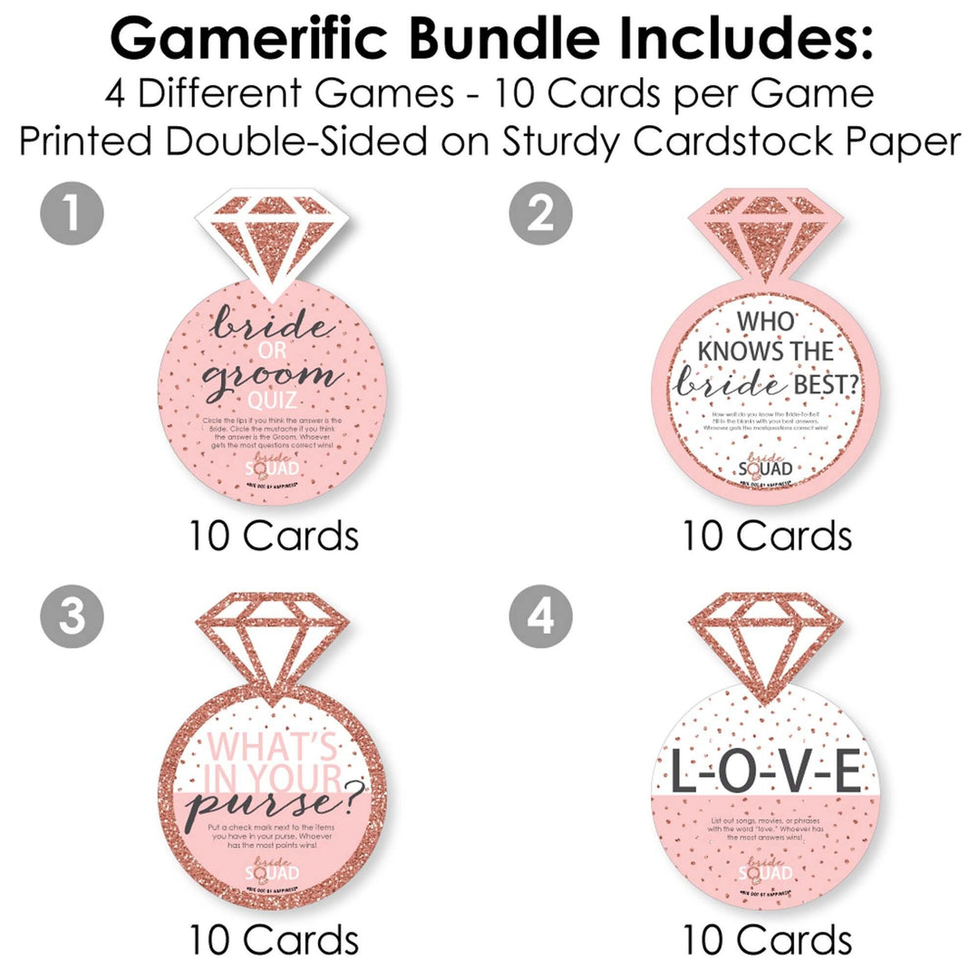 Bride Squad - 4 Rose Gold Bridal Shower or Bachelorette Party Games - 10 Cards Each - Who Knows The Bride Best, Bride or Groom Quiz, What's in Your Purse and Love - Gamerific Bundle