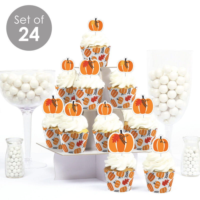 Fall Pumpkin - Cupcake Decoration - Halloween or Thanksgiving Party Cupcake Wrappers and Treat Picks Kit - Set of 24