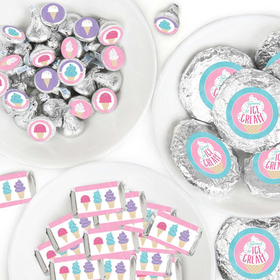 Scoop Up The Fun - Ice Cream - Mini Candy Bar Wrappers, Round Candy Stickers and Circle Stickers - Sprinkles Party Candy Favor Sticker Kit - 304 Pieces