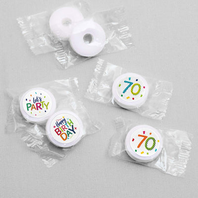 70th Birthday - Cheerful Happy Birthday - Round Candy Labels Colorful Seventieth Birthday Party Favors - Fits Hershey's Kisses - 108 ct
