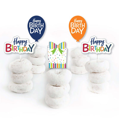 Cheerful Happy Birthday - Dessert Cupcake Toppers - Colorful Birthday Party Clear Treat Picks - Set of 24