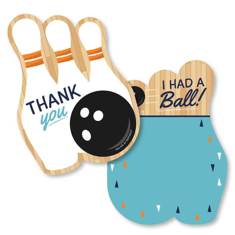 Strike Up the Fun - Bowling - Shaped Thank You Cards - Birthday Party or Baby Shower Thank You Note Cards with Envelopes - Set of 12