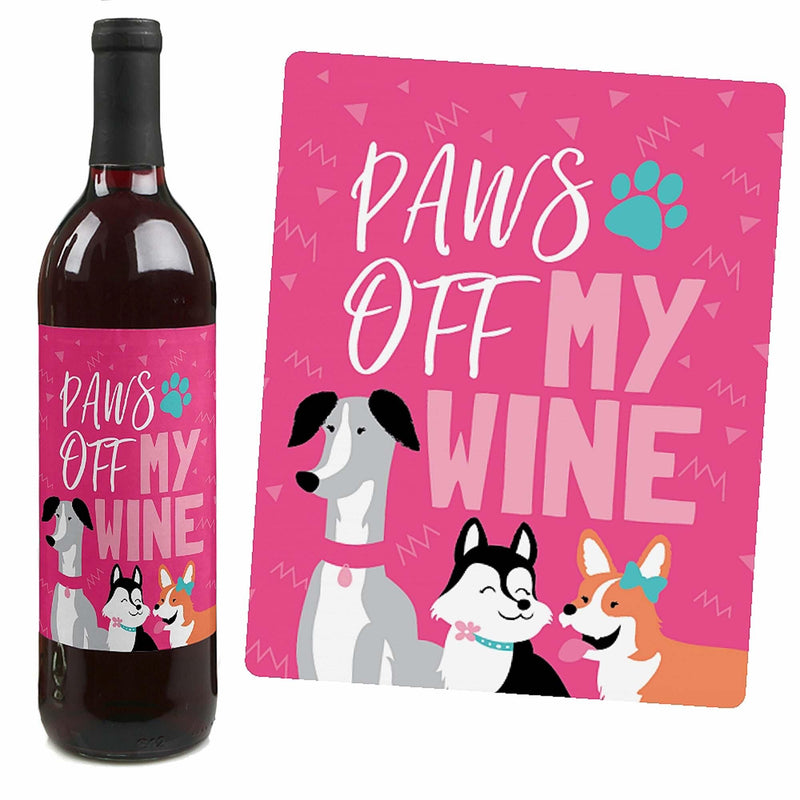 Pawty Like a Puppy Girl - Pink Dog Baby Shower or Birthday Party Decorations for Women and Men - Wine Bottle Label Stickers - Set of 4