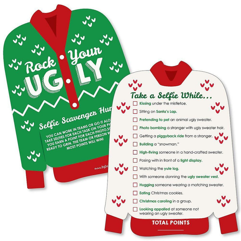 Ugly Sweater - Selfie Scavenger Hunt - Holiday & Christmas Party Game - Set of 12