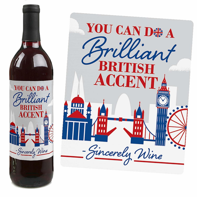 Cheerio, London - British UK Party Decorations for Women and Men - Wine Bottle Label Stickers - Set of 4