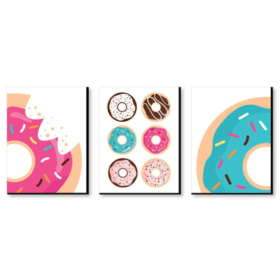 Donut Worry, Let's Party - Doughnut Kitchen Wall Art, Nursery Decor and Restaurant Decorations - 7.5 x 10 inches - Set of 3 Prints