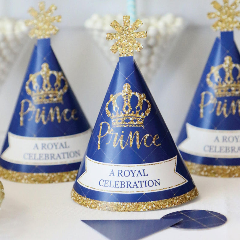 Royal Prince Charming - Mini Cone Baby Shower or Birthday Party Hats - Small Little Party Hats - Set of 8
