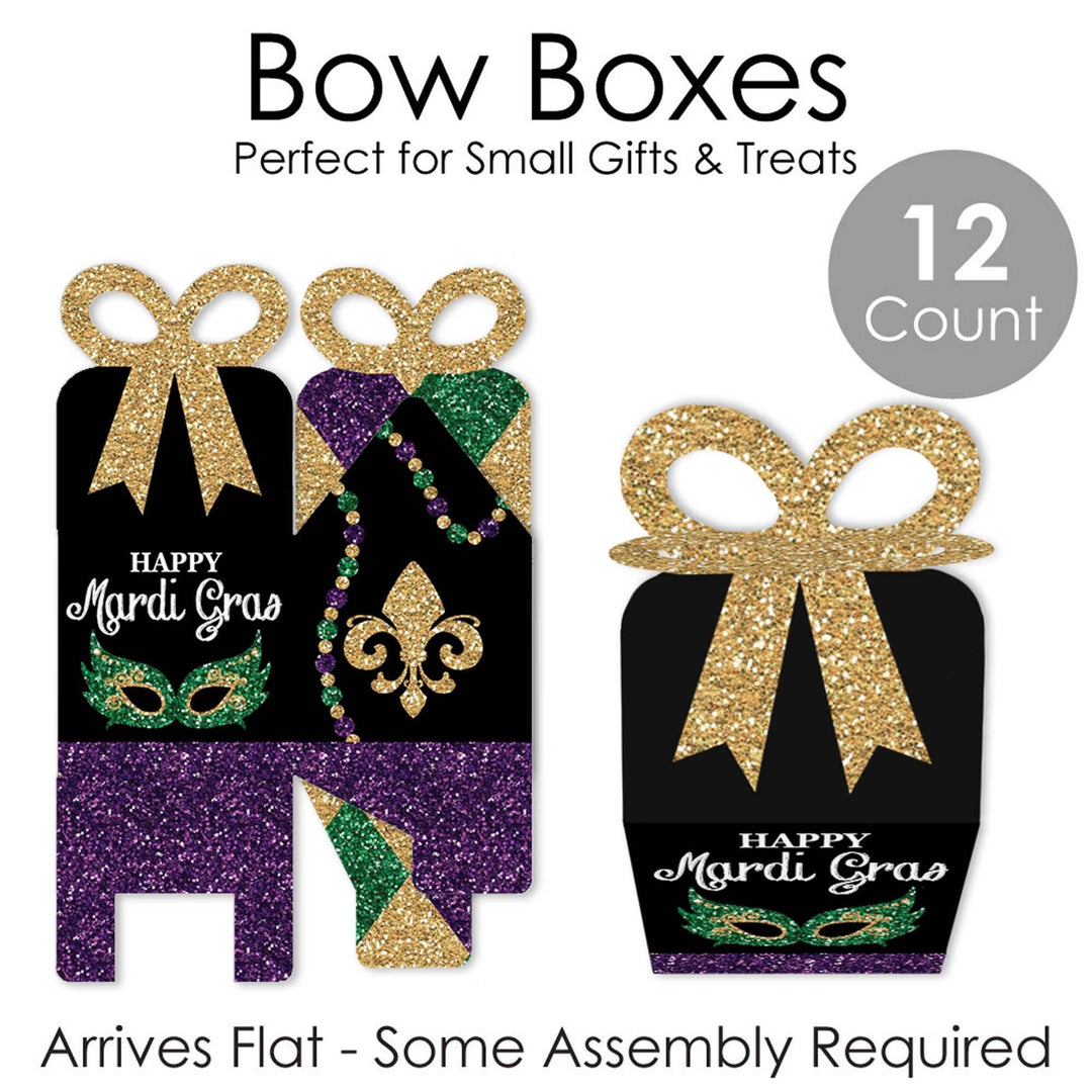 Mardi Gras - Square Favor Gift Boxes - Masquerade Party Bow Boxes - Set of 12