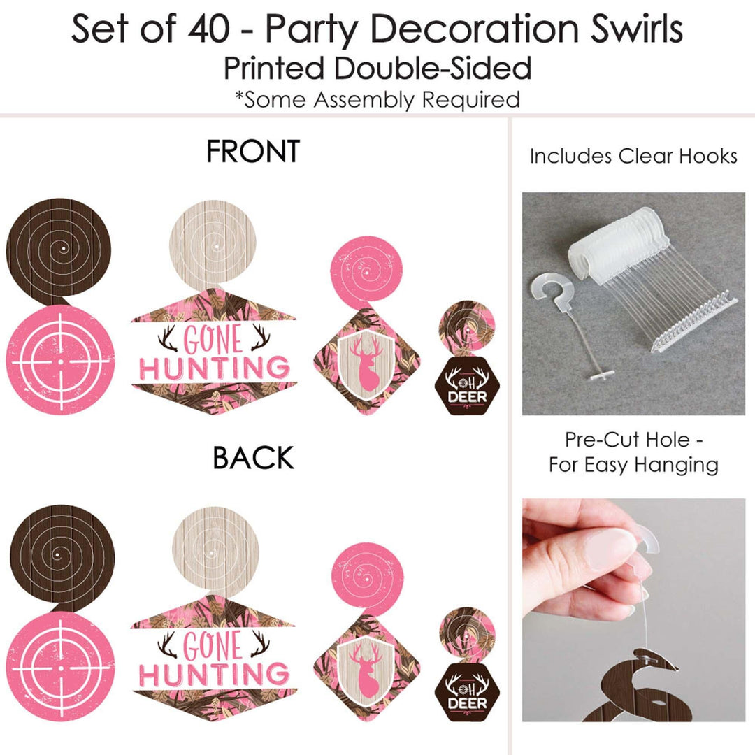 Pink Gone Hunting - Deer Hunting Girl Camo Baby Shower or Birthday Party Hanging Decor - Party Decoration Swirls - Set of 40
