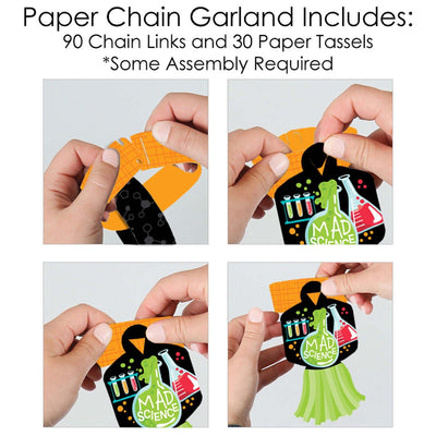 Scientist Lab - 90 Chain Links and 30 Paper Tassels Decoration Kit - Mad Science Baby Shower or Birthday Party Paper Chains Garland - 21 feet