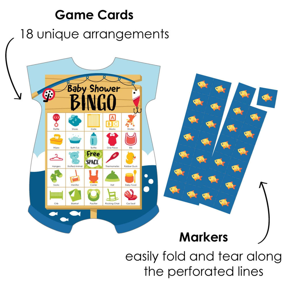 Let's Go Fishing - Picture Bingo Cards and Markers - Fish Themed Baby Shower Shaped Bingo Game - Set of 18