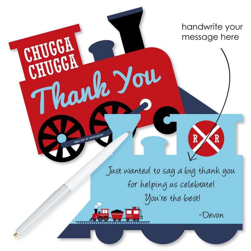 Railroad Party Crossing - Shaped Thank You Cards - Steam Train Birthday Party or Baby Shower Thank You Note Cards with Envelopes - Set of 12
