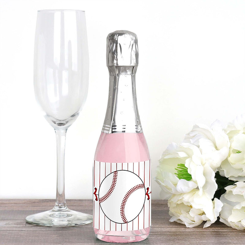 Batter Up - Baseball - Mini Wine and Champagne Bottle Label Stickers - Baby Shower or Birthday Party Favor Gift - For Women and Men - Set of 16