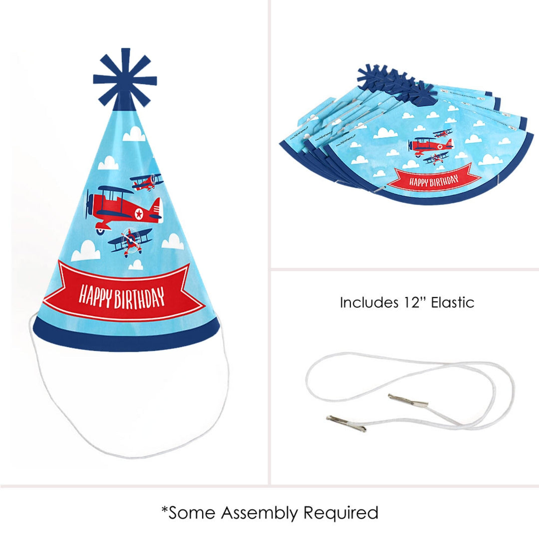 Taking Flight - Airplane - Cone Happy Birthday Party Hats for Kids and Adults - Set of 8 (Standard Size)
