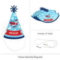 Taking Flight - Airplane - Cone Happy Birthday Party Hats for Kids and Adults - Set of 8 (Standard Size)