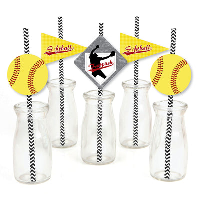 Grand Slam - Fastpitch Softball - Paper Straw Decor - Baby Shower or Birthday Party Striped Decorative Straws - Set of 24