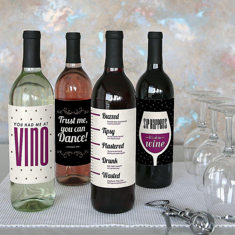 Sip Happens - Funny Decorations for Women and Men - Wine Bottle Labels - Set of 4
