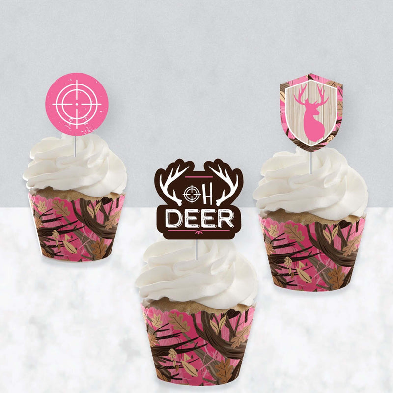 Pink Gone Hunting - Cupcake Decoration - Deer Hunting Girl Camo Baby Shower or Birthday Party Cupcake Wrappers and Treat Picks Kit - Set of 24