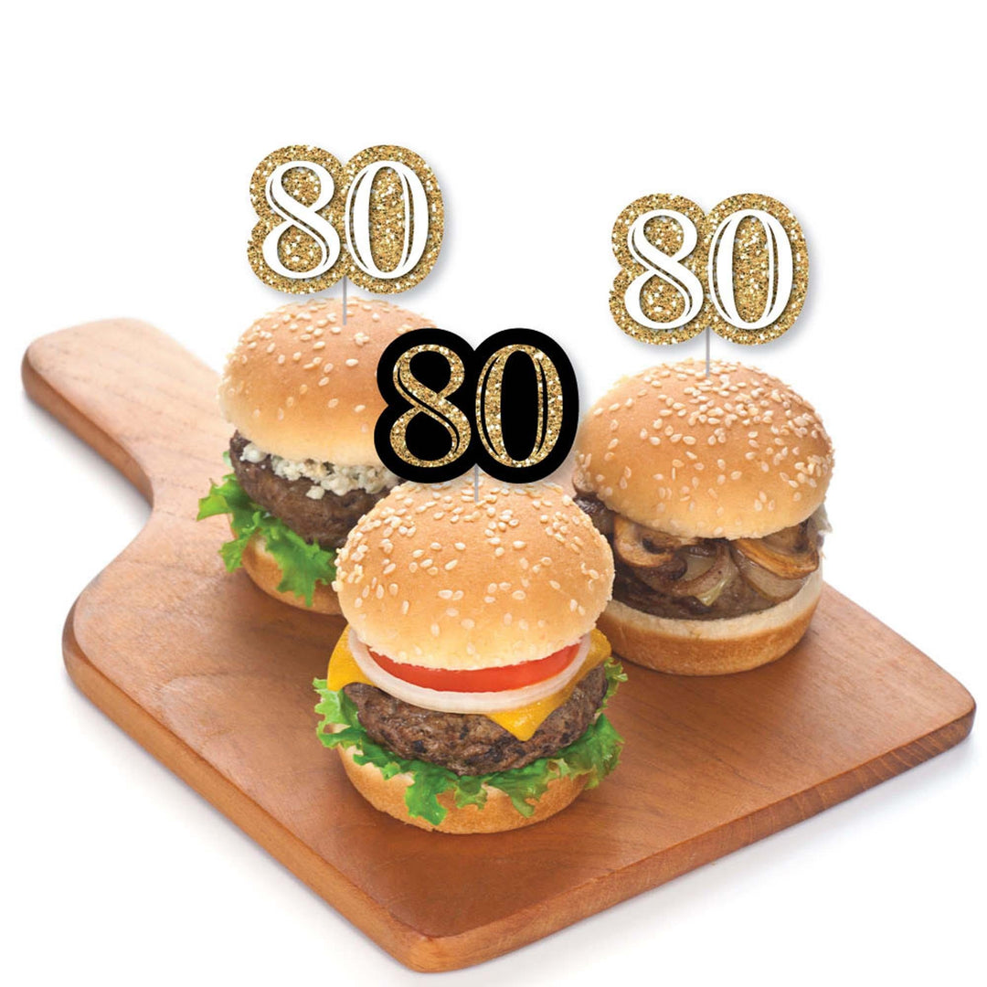 Adult 80th Birthday - Gold - Dessert Cupcake Toppers - Birthday Party Clear Treat Picks - Set of 24