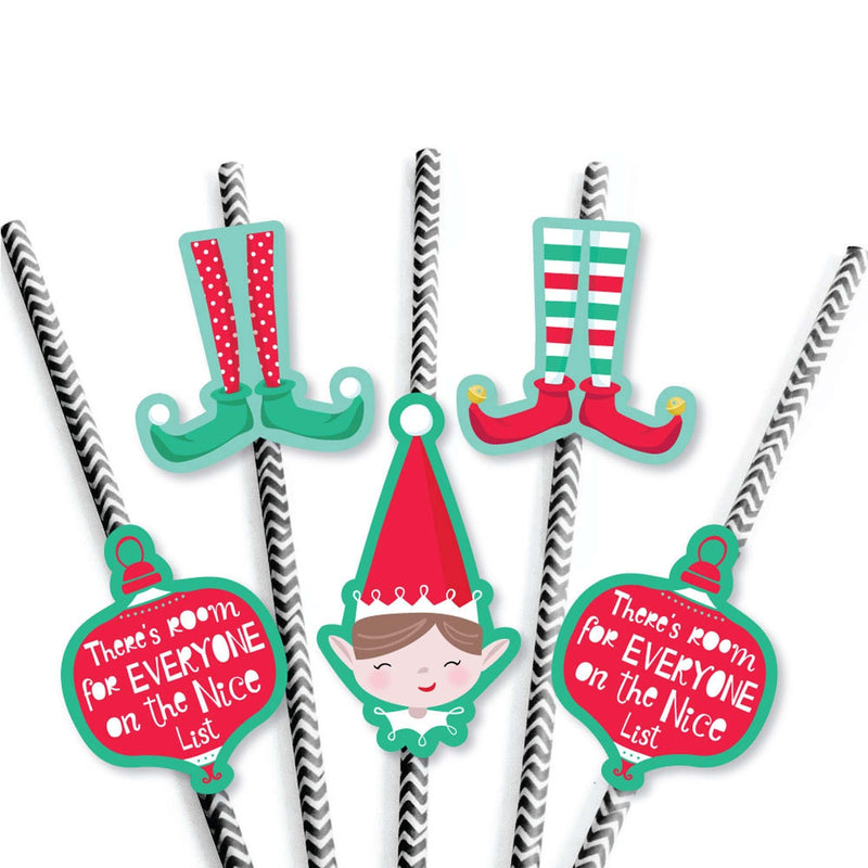 Elf Squad - Kids Elf Christmas and Birthday Party Paper Straw Decor - Party Striped Decorative Straws - Set of 24