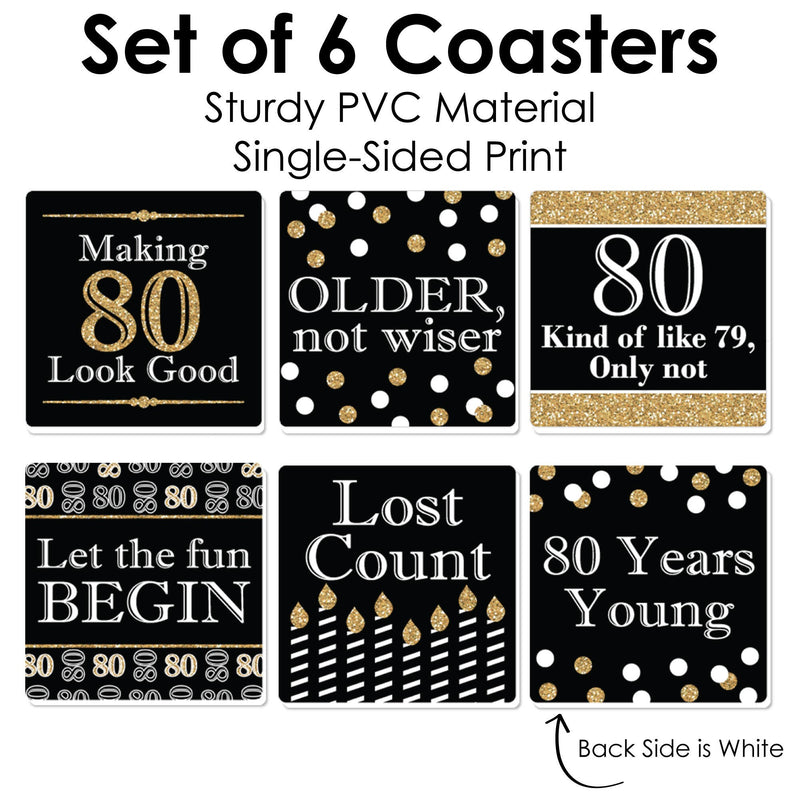 Adult 80th Birthday - Gold - Funny Birthday Party Decorations - Drink Coasters - Set of 6