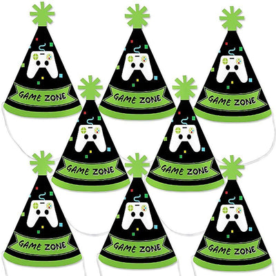 Game Zone - Mini Cone Pixel Video Game Party or Birthday Party Hats - Small Little Party Hats - Set of 8