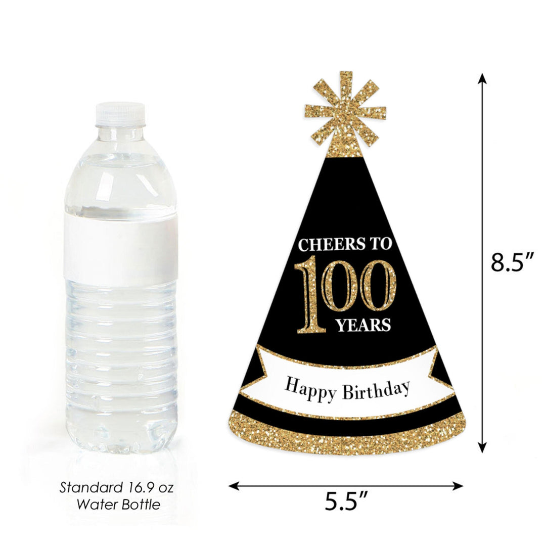 Adult 100th Birthday - Gold - Cone Birthday Party Hats for Adults - Set of 8 (Standard Size)