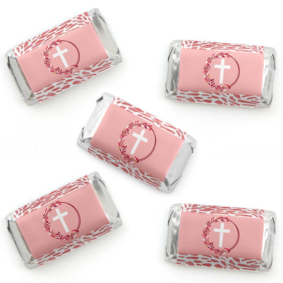 Pink Elegant Cross - Mini Candy Bar Wrapper Stickers - Girl Religious Party Small Favors - 40 Count