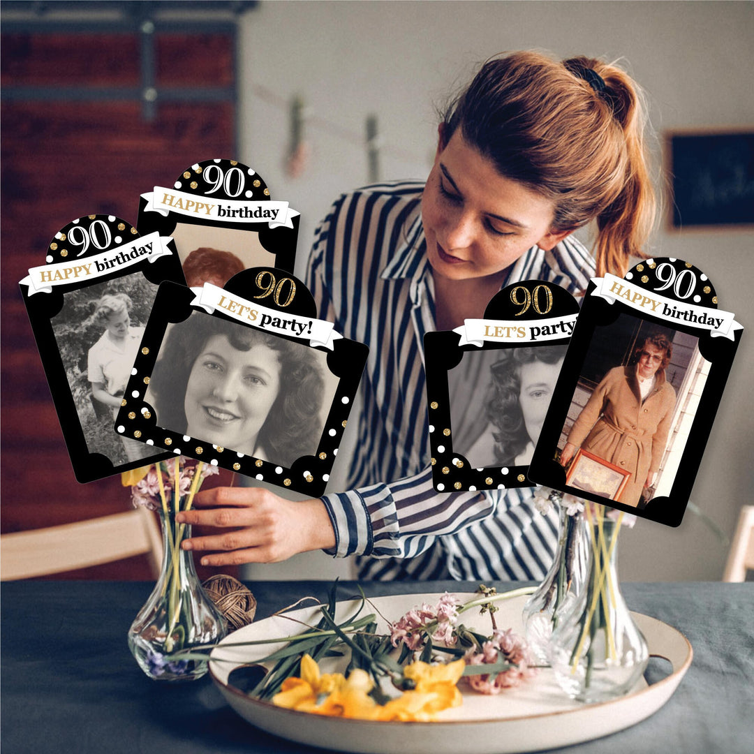 Adult 90th Birthday - Gold - Birthday Party Picture Centerpiece Sticks - Photo Table Toppers - 15 Pieces