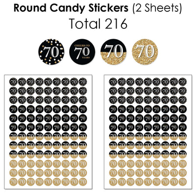 Adult 70th Birthday - Gold - Mini Candy Bar Wrappers, Round Candy Stickers and Circle Stickers - Birthday Party Candy Favor Sticker Kit - 304 Pieces