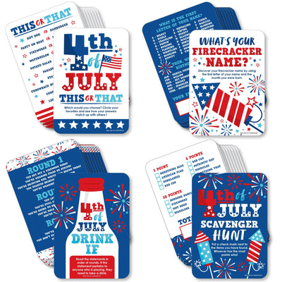 Firecracker 4th of July - 4 Red, White and Royal Blue Party Games - 10 Cards Each - Gamerific Bundle
