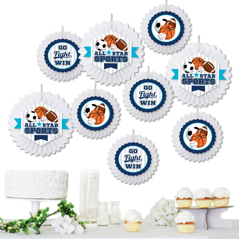 Go, Fight, Win - Sports - Hanging Baby Shower or Birthday Party Tissue Decoration Kit - Paper Fans - Set of 9