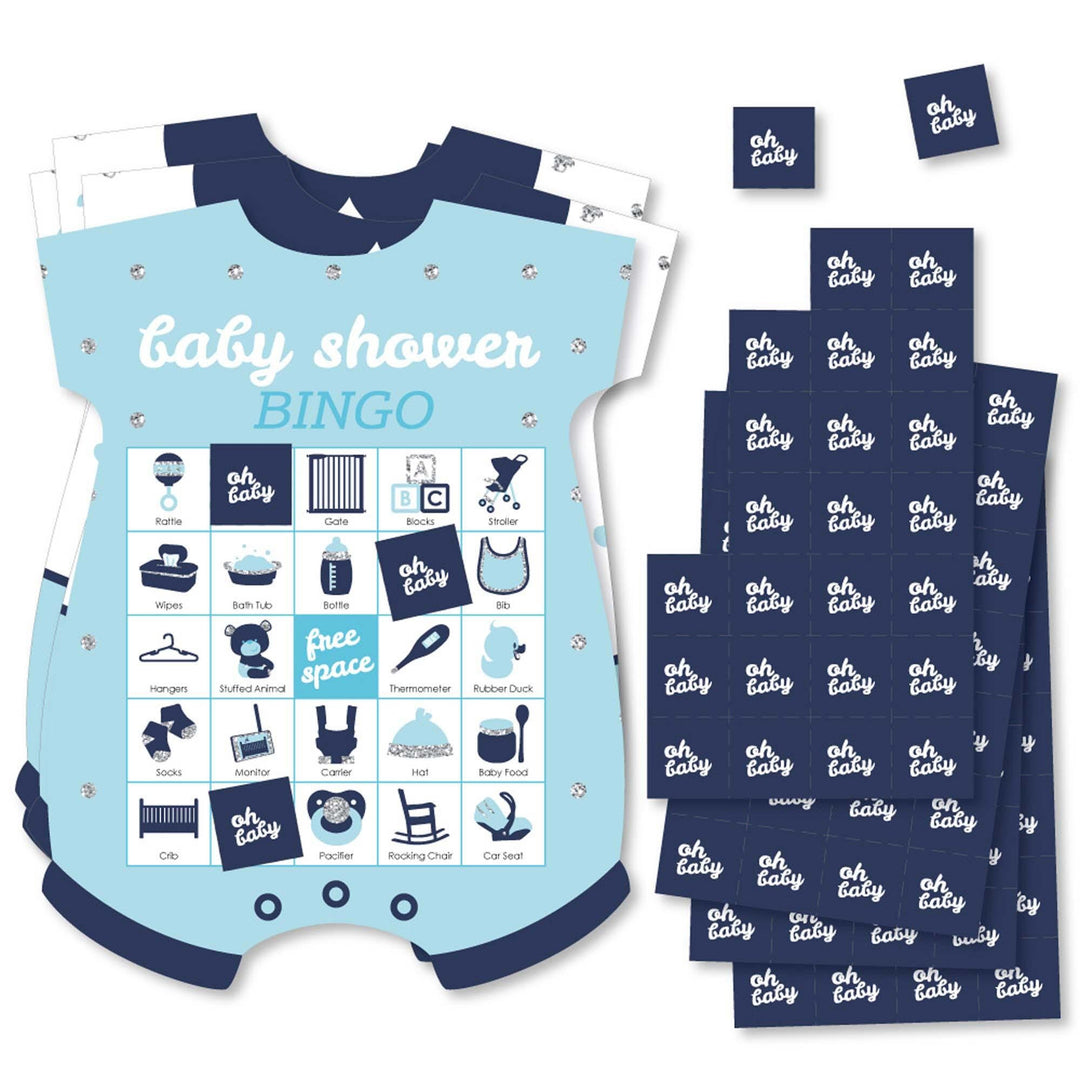Hello Little One - Blue and Silver - Picture Bingo Cards and Markers - Boy Baby Shower Shaped Bingo Game - Set of 18