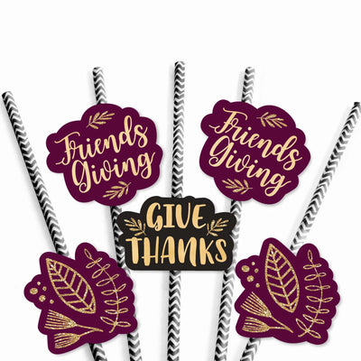 Elegant Thankful for Friends - Friendsgiving Paper Straw Decor - Party Striped Decorative Straws - Set of 24
