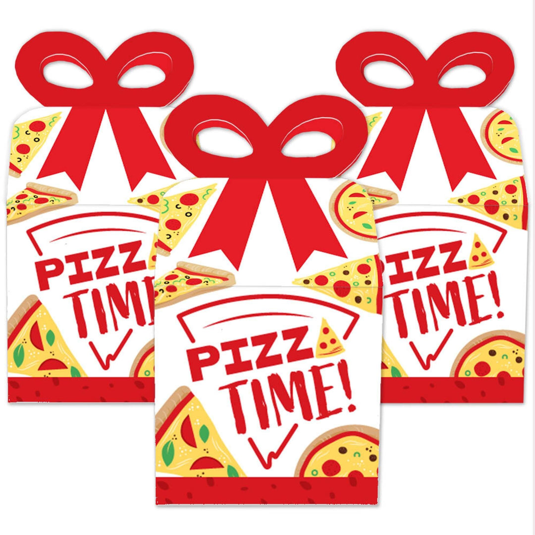 Pizza Party Time - Square Favor Gift Boxes - Baby Shower or Birthday Party Bow Boxes - Set of 12