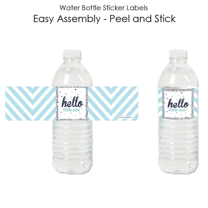 Hello Little One - Blue and Silver - Boy Baby Shower Water Bottle Sticker Labels - Set of 20