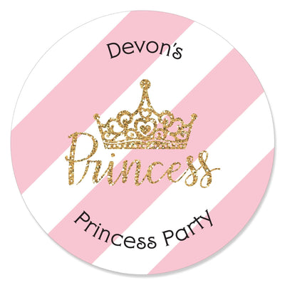 Little Princess Crown - Personalized Pink and Gold Princess Baby Shower or Birthday Party Circle Sticker Labels - 24 ct