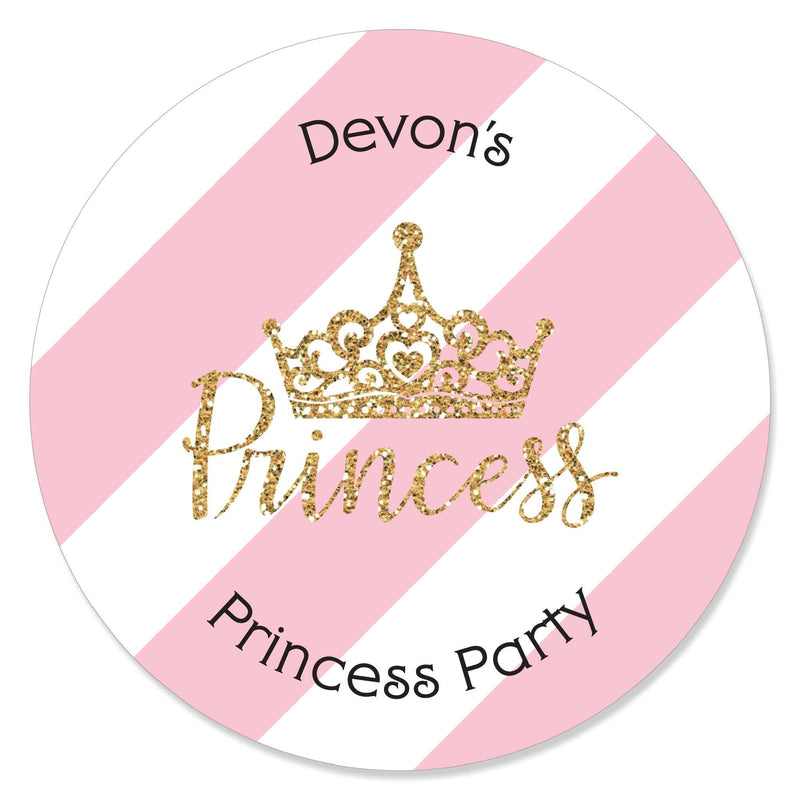 Little Princess Crown - Personalized Pink and Gold Princess Baby Shower or Birthday Party Circle Sticker Labels - 24 ct