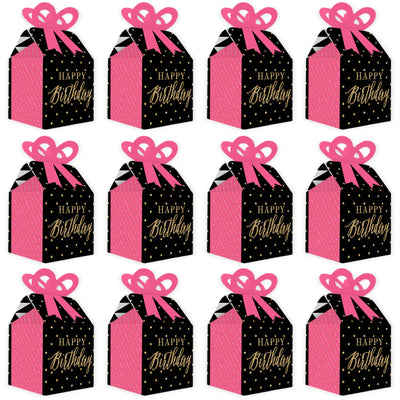 Chic Happy Birthday - Pink, Black and Gold - Square Favor Gift Boxes - Birthday Party Bow Boxes - Set of 12