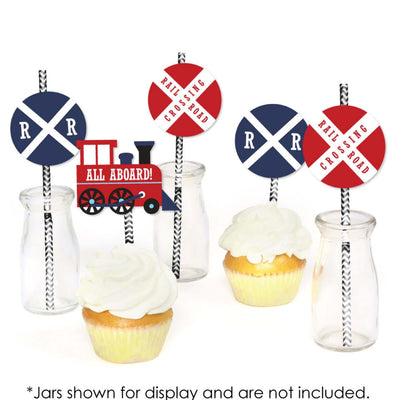 Railroad Party Crossing - Paper Straw Decor - Steam Train Birthday Party or Baby Shower Striped Decorative Straws - Set of 24