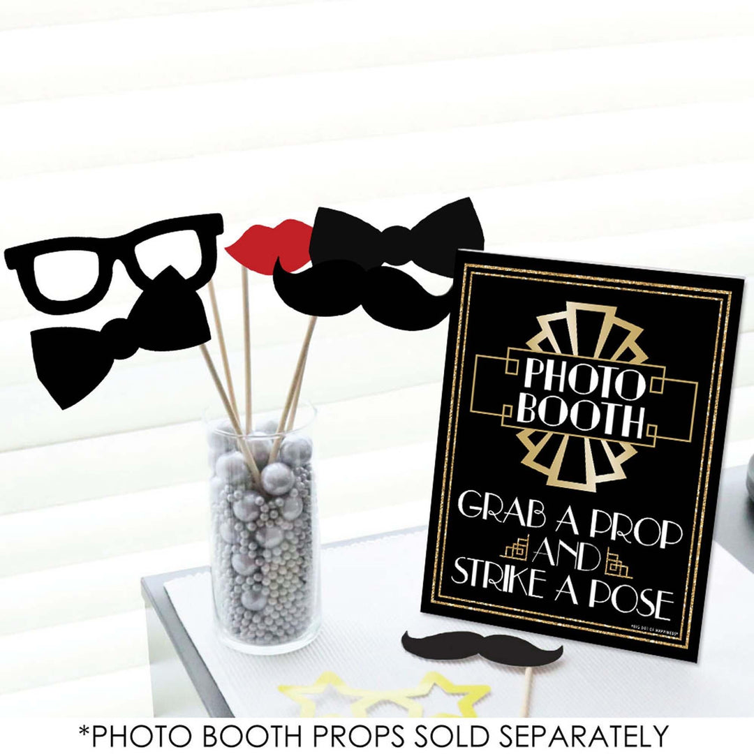 Roaring 20's Photo Booth Sign - 1920s Art Deco Jazz Party Decorations - Printed on Sturdy Plastic Material - 10.5 x 13.75 inches - Sign with Stand - 1 Piece