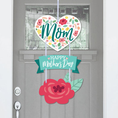 Colorful Floral Happy Mother's Day - Hanging Porch We Love Mom Party Outdoor Decorations - Front Door Decor - 3 Piece Sign