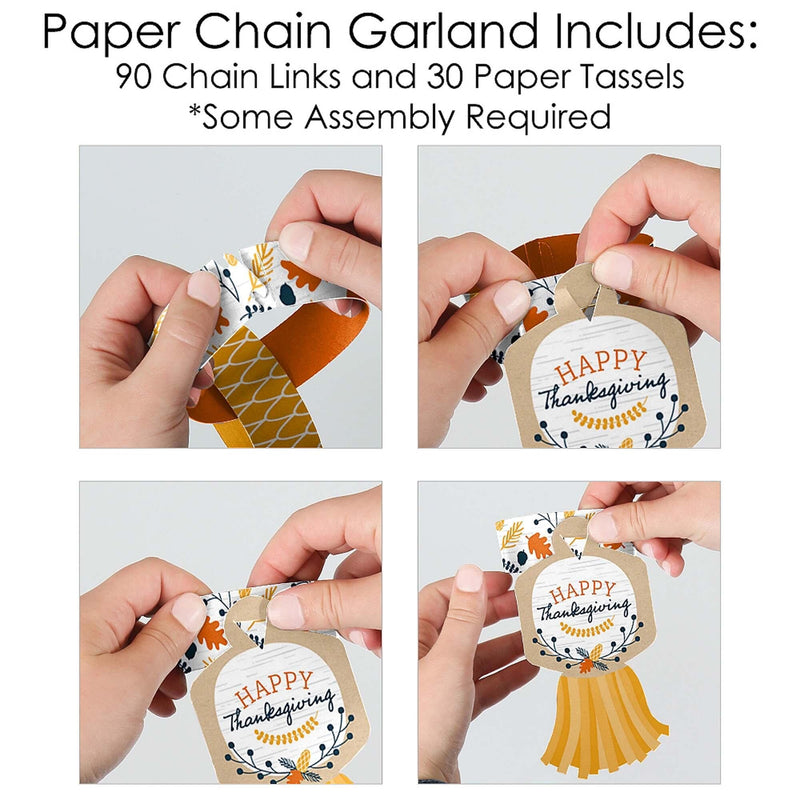 Happy Thanksgiving - 90 Chain Links and 30 Paper Tassels Decoration Kit - Fall Harvest Party Paper Chains Garland - 21 feet