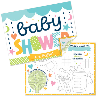 Colorful Baby Shower - Paper Gender Neutral Party Coloring Sheets - Activity Placemats - Set of 16