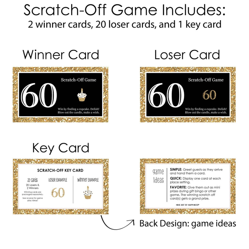 Adult 60th Birthday - Gold - Birthday Party Game Scratch Off Cards - 22 ct