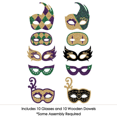 Mardi Gras Masks - 10 Piece Paper Card Stock Mardi Gras Glasses and Masks Photo Booth Props Kit