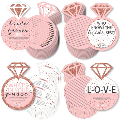 Bride Squad - 4 Rose Gold Bridal Shower or Bachelorette Party Games - 10 Cards Each - Who Knows The Bride Best, Bride or Groom Quiz, What's in Your Purse and Love - Gamerific Bundle