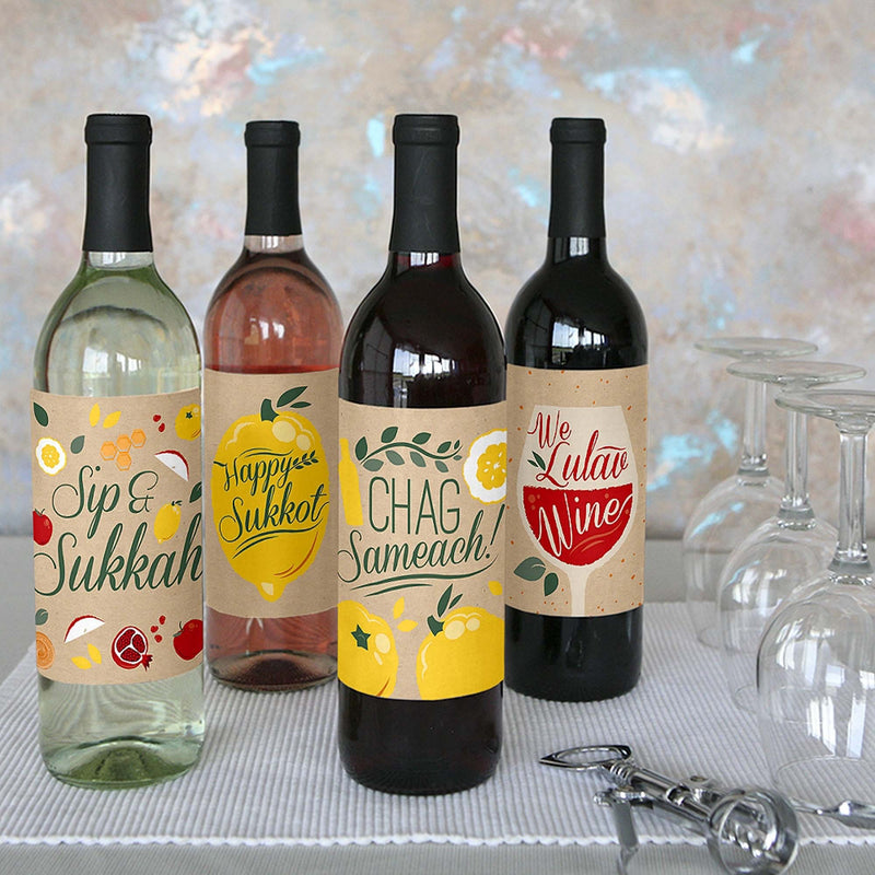 Sukkot - Sukkah Jewish Holiday Decorations for Women and Men - Wine Bottle Label Stickers - Set of 4