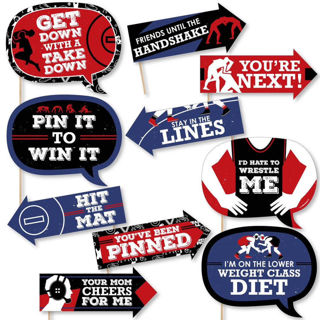 A set of 10 piece photo booth props kit with wrestling themes, including various prop signs and cut-outs with dowels for a wrestling or sports themed birthday party.
