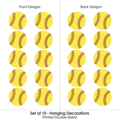 Hanging Grand Slam - Fastpitch Softball - Outdoor Baby Shower or Birthday Party Hanging Porch & Tree Yard Decorations - 10 Pieces